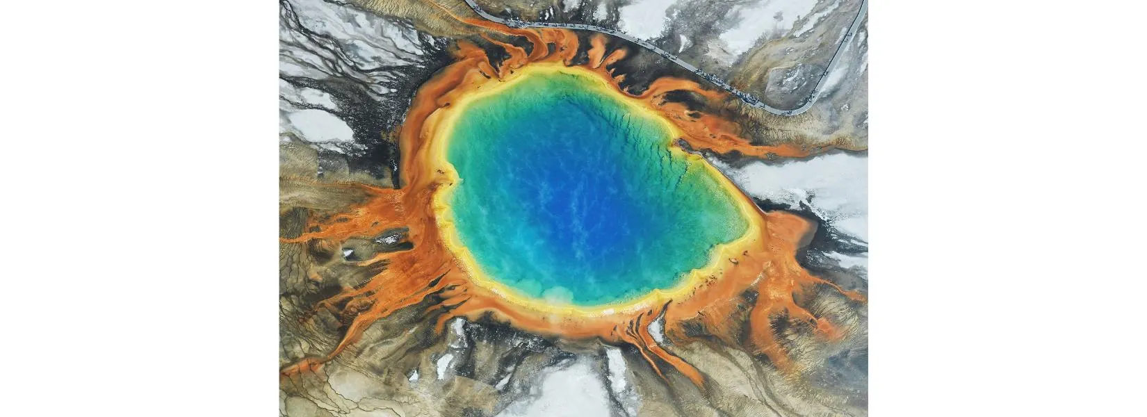 Aerial view of Grand Prismatic Spring showing rainbow colors